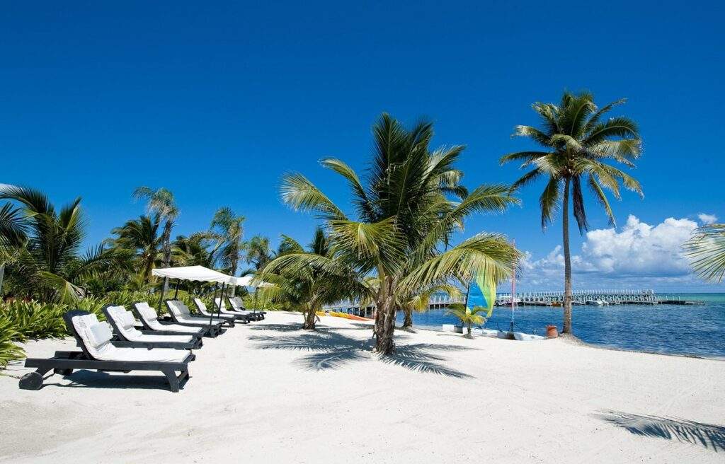 white sand beach with lounge chairs