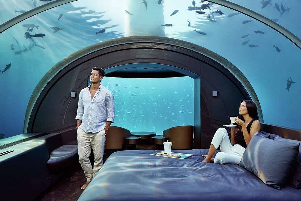 man and woman on bed with fish swimming above