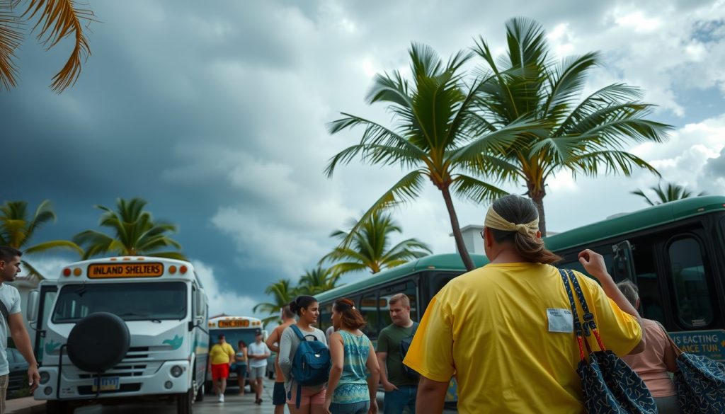 Caribbean resort evacuation with staff guiding guests to shelter under stormy skies