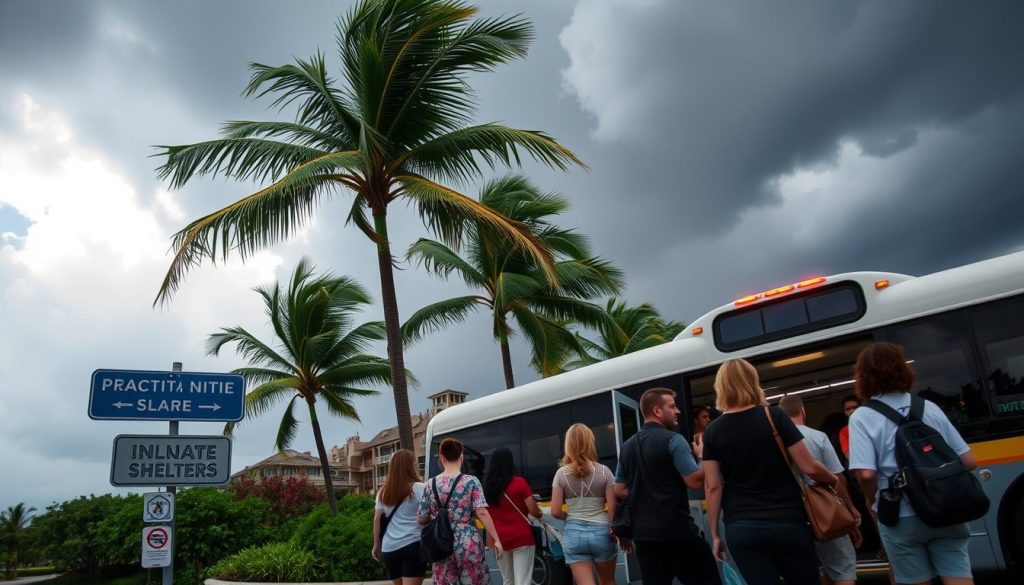 Caribbean resort evacuation with staff guiding guests to shelter under stormy skies