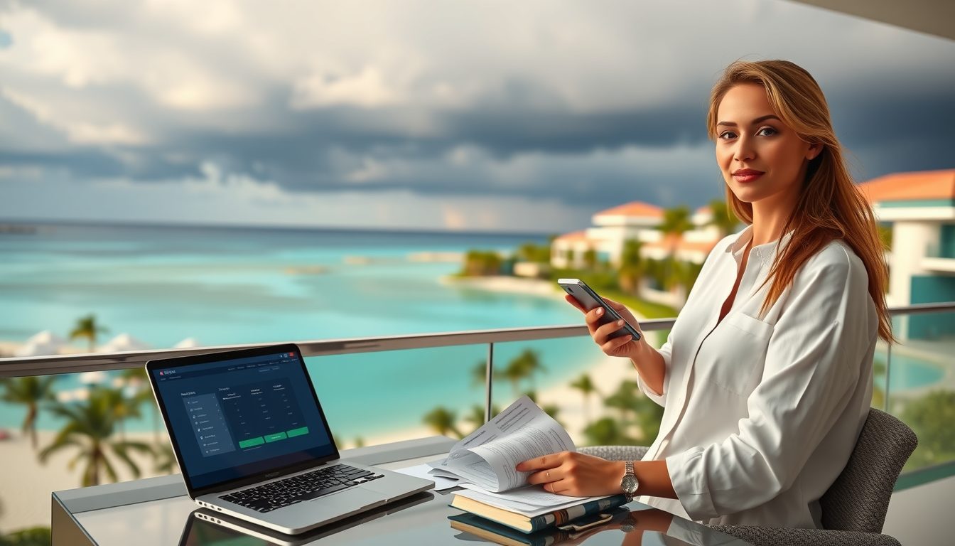 Calm guest sits on a terrace overlooking a Caribbean beachfront resort, phone and open laptop nearby while dark storm clouds slowly gather offshore.