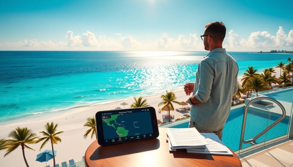 Modern oceanfront resort on a quiet southern Caribbean island, couple standing by a balcony table with travel papers and a subtle weather radar screen