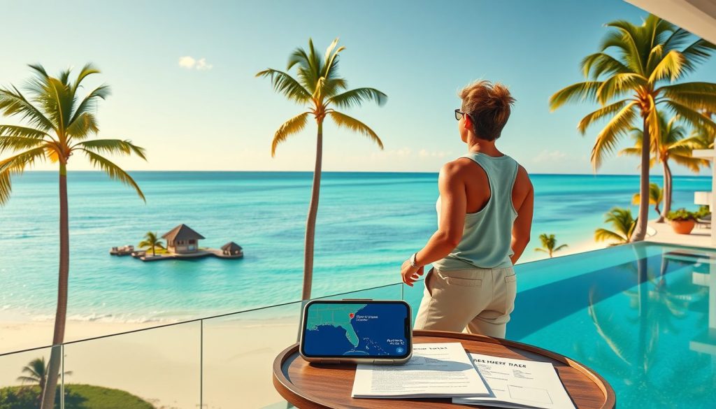 Peaceful southern Caribbean shoreline below a modern resort, travelers stand on a terrace with a radar map on a smartphone and organized trip papers.