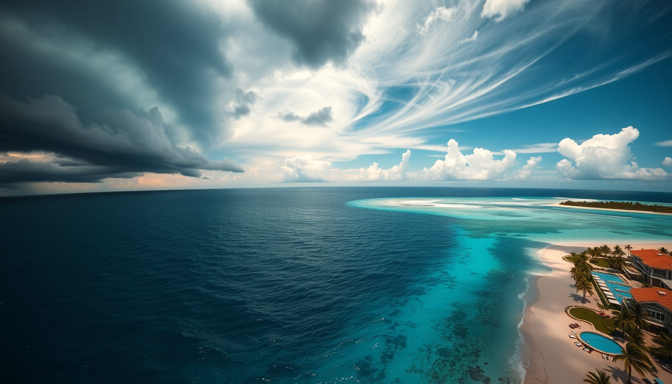 Wide view of the Caribbean with stormy dark-blue seas in the north and calm turquoise water, palm-fringed resorts, and relaxed travelers in the south